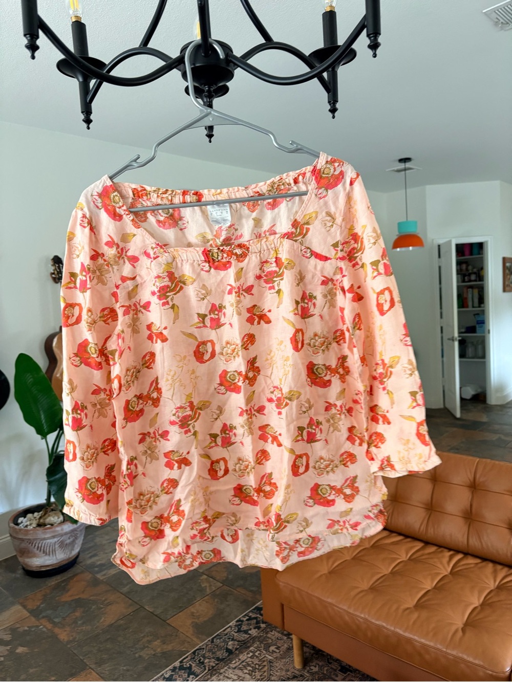 Lands' End 100% Linen Floral Gathered Square Neck Blouse